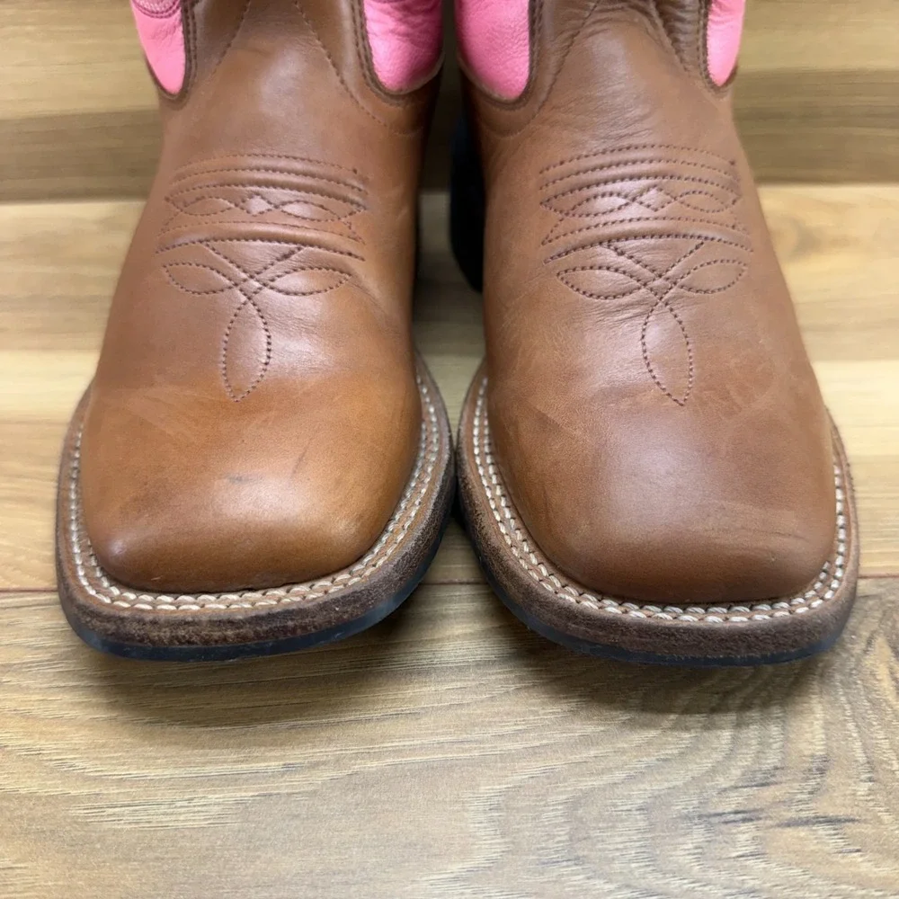 OLD WEST Cowgirl Western Boots Girls 2 Brown Pink Leather Square Toe Rodeo Ranch